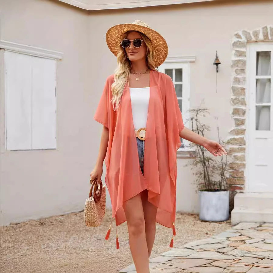 Simple Pure Color Chiffon Beach Bikini Cover Ups Swimwear Women Summer Sun Protection Cardigan Leisure Travel Cape Long - Matrix Studios