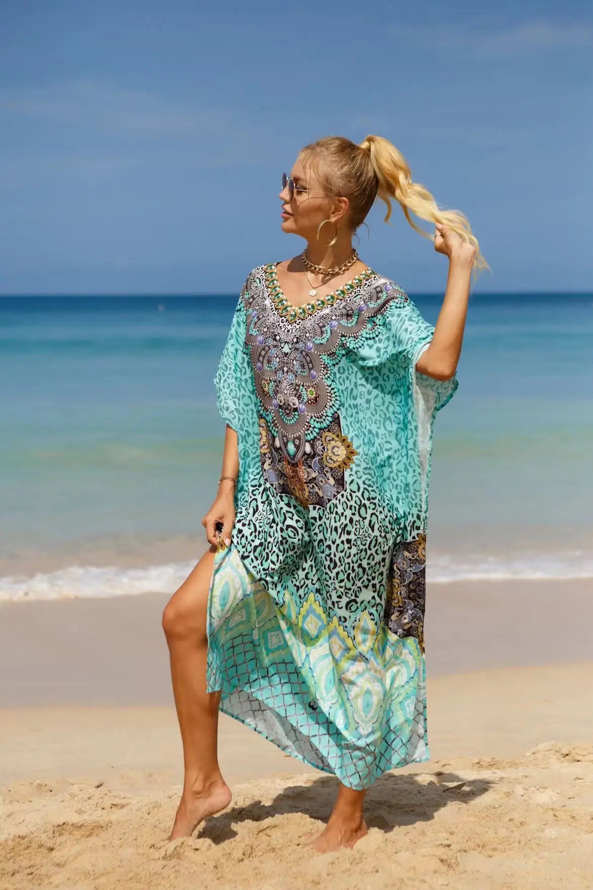 Kaftan Dresses Tropical Printed Cover Ups for Swimwear Women Elegant Maxi Robe Holiday Bathing Suits Dropshipping Hot Sales - Matrix Studios