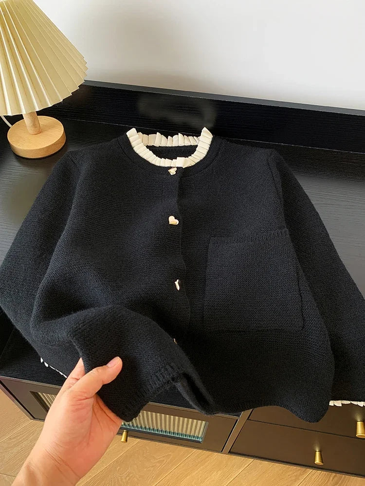 Women Clothing Autumn New Love Button Pleated Collar Knitted Cardigan Jacket Female Lazy Style Sweet Korean Fashion Sweater Tops - Matrix Studios