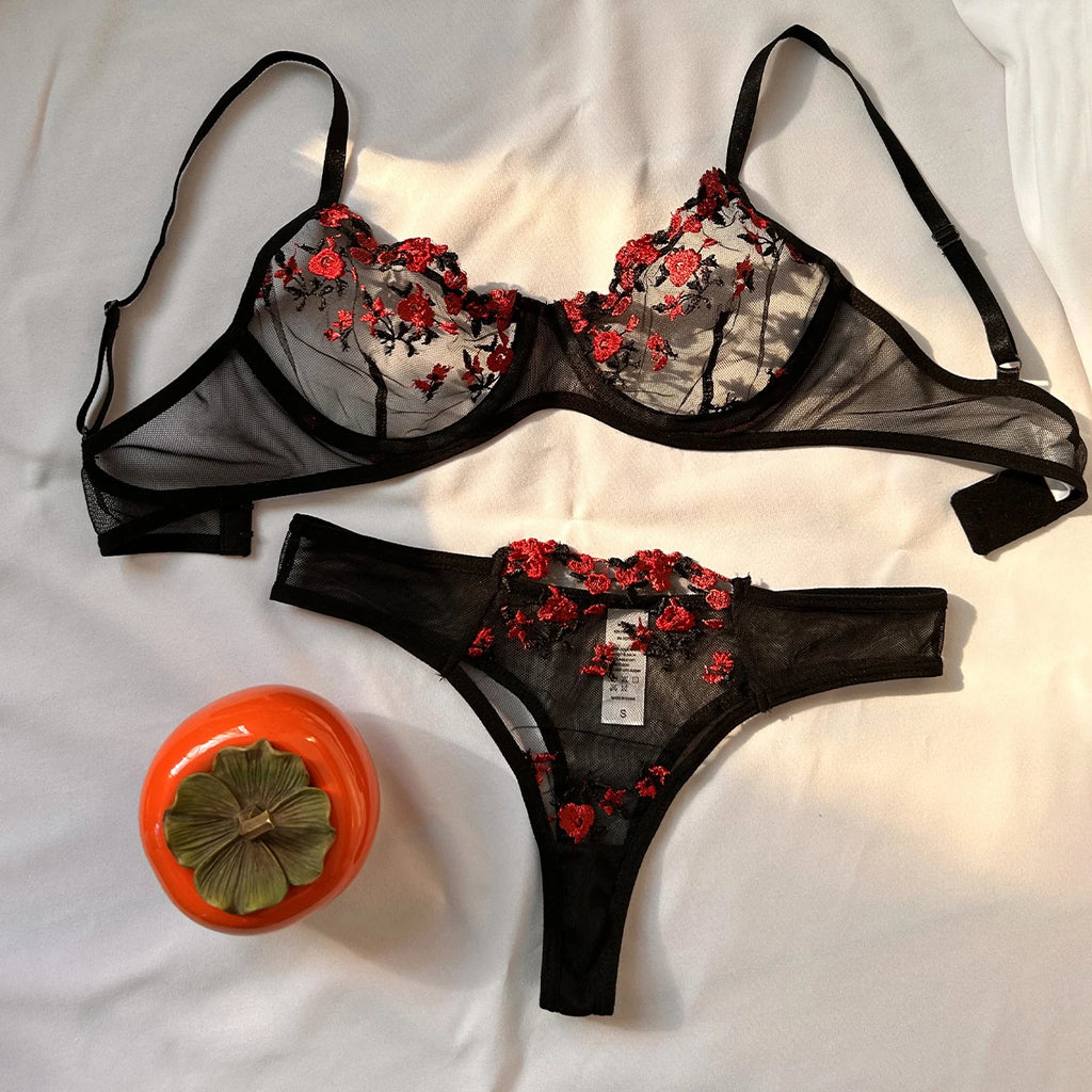 Purple Fancy Lingerie Set Female Underwear Embroidery Flower Bra And Panty Sets Women Outfits - Matrix-studios.com