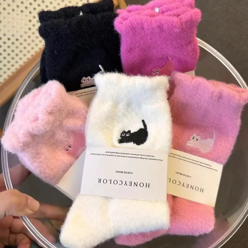 3Pairs Premium Feel Cute Cat Cozy Hairy Mink Velvet Socks Autumn Winter Hosiery Thickened Plush Warm Sleep Home Fluffy Socks - Matrix Studios