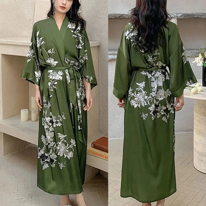 Black Print Flower Long Robe Nightgown Spring Summer Half Sleeve Kimono Bathrobe Gown Women Sexy Rayon Home Dress Loungewear - Matrix-studios.com