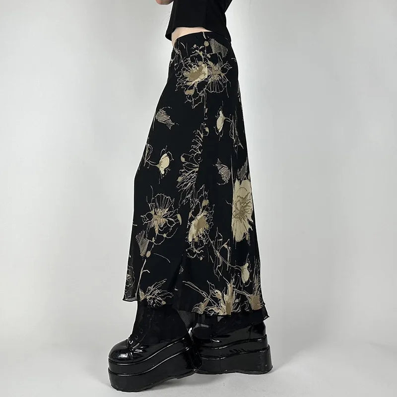 Goth Dark Y2K Aestheics Double Layer Mesh A-line Skirt Women Fashion Florals Print Slim Skirts Fairy Streetwear Gothic Bottoms - Matrix-studios.com