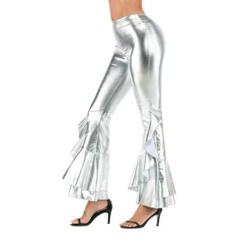 Women Shiny Flare Trousers Metallic Bell Bottoms Ruffle Wide Leg Pants Retro 70s Retro Disco Costume Stage Prom Club Trouser