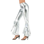 Women Shiny Flare Trousers Metallic Bell Bottoms Ruffle Wide Leg Pants Retro 70s Retro Disco Costume Stage Prom Club Trouser