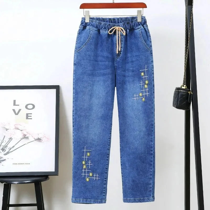 Middle-aged Women's Jeans Spring Autumn Stretch Waist Straight Denim Pants Large Size Loose High Waist Casual Black Blue Trouser - Matrix-studios.com