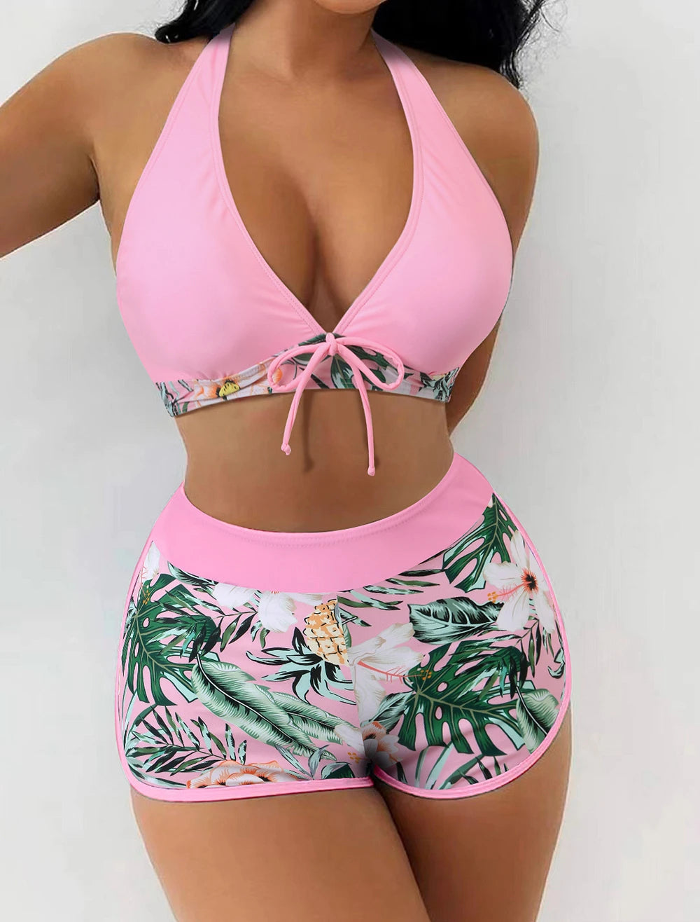 15 Colors Swimwear Women Two-Piece Suit Patchwork Halter Bikini Top With High Waisted Boxer Bottom College Sporty Surfing Suit - Matrix-studios.com