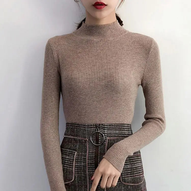 Autumn Winter Mock Neck Women Sweater Vintage Basic Solid Knitted Tops Casual Slim Pullover Korean Sweaters Simple Chic Jumpers - Matrix Studios