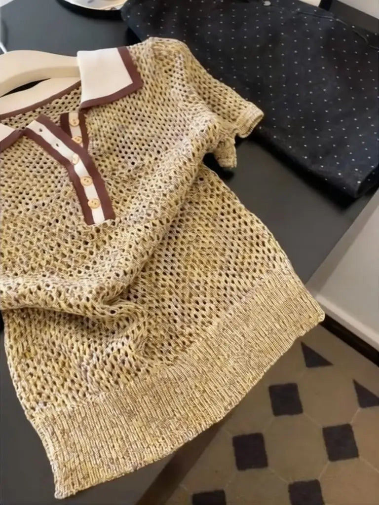 Vintage 2000s Shiny Knit Short Sleeve Tee Women Polo Neck Summer Tops Brown Hollow out Knitwear Lady Clothes Casual T-shirt - Matrix-studios.com