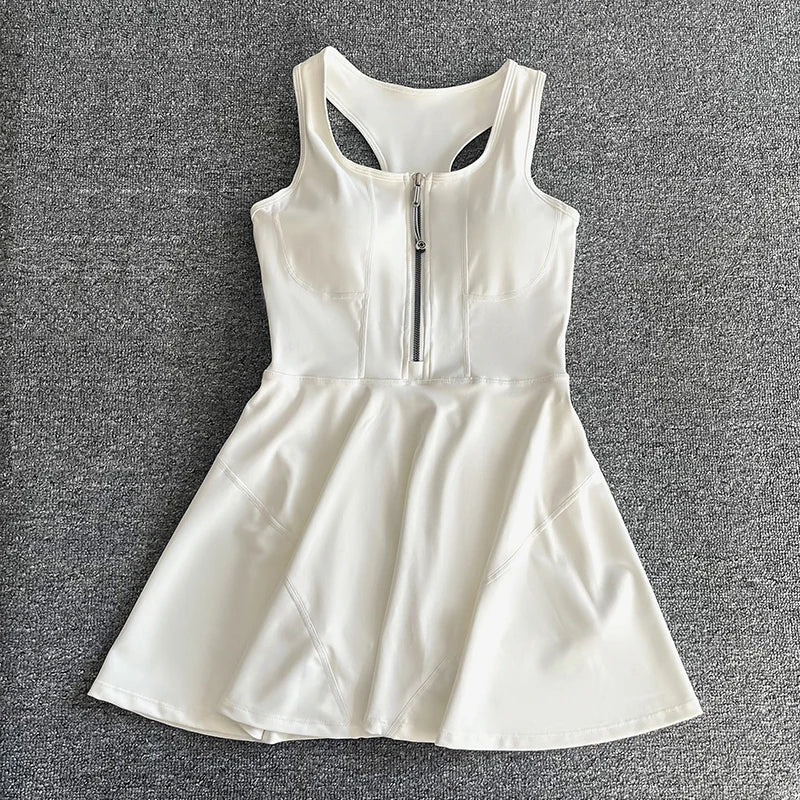 Tennis Skirt Casual Half Zipper Sports Fitness Dress Anti-Running High Waist Slim Golf Yoga Dress - Matrix-studios.com