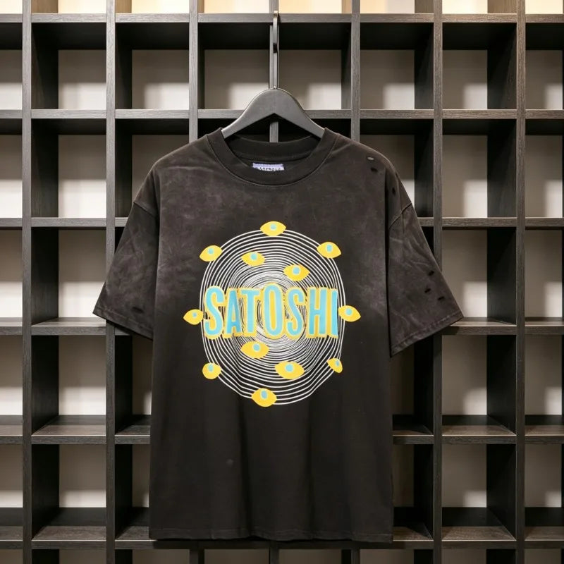 Summer Vintage Distressed Washed Hole SATOSHI Tshirts Cotton Black Circular Line Pattern Short Sleeve Men Women Street Outfit - Matrix-studios.com