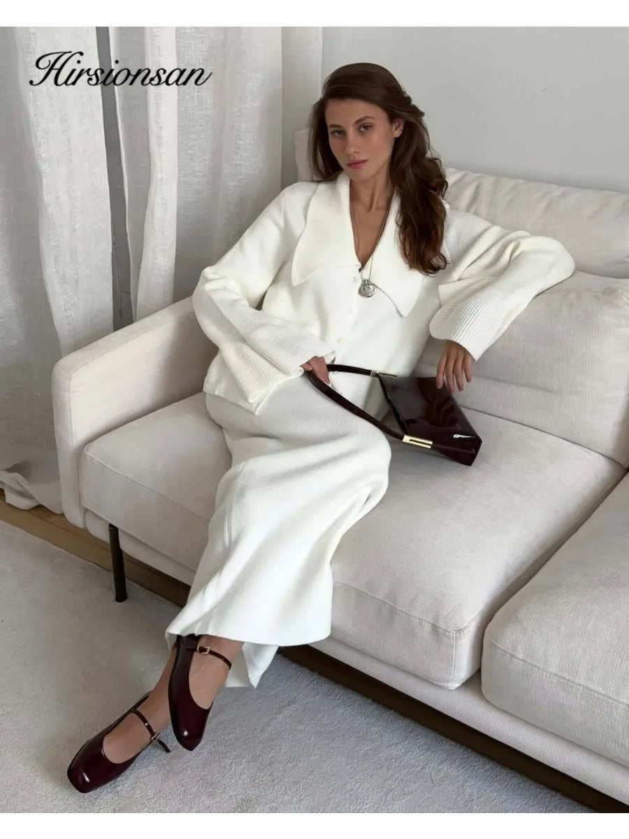 Hirsionsan Sexy Soft Elegant Vintage Women Suits 2 Pieces Female Sets Polo Neck Cardigan Sweater & Midi Dress Knitted TrackSuit - Matrix-studios.com