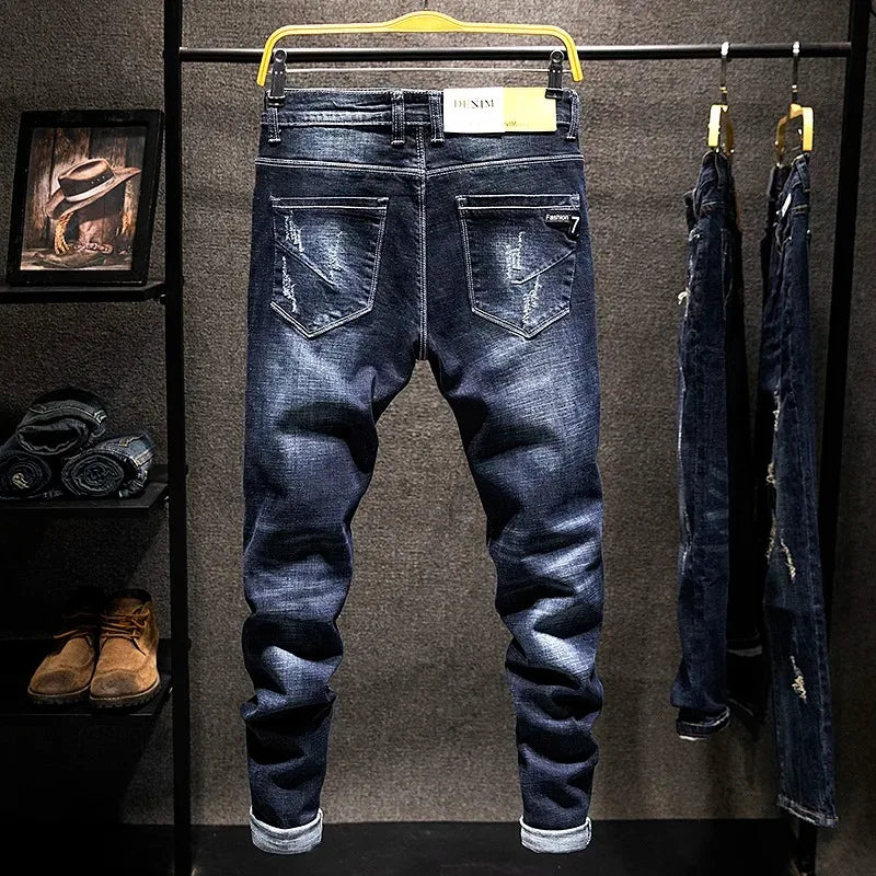 American Elastic Straight Jeans Men Ripped Worn-out Slim-fit Cotton Denim Pants Korean Style Fashion Blue Black Men's Clothing - Matrix Studios