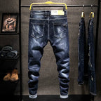 American Elastic Straight Jeans Men Ripped Worn-out Slim-fit Cotton Denim Pants Korean Style Fashion Blue Black Men's Clothing - Matrix Studios