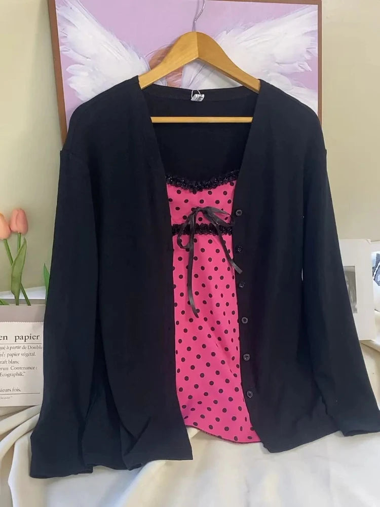 New Autumn Japanese Sweet 2 Piece Set Women Design Pink Polka Dot Strap Y2k Tops +Chic Cardigan Harajuku Fashion Vintage Outfits - Matrix Studios