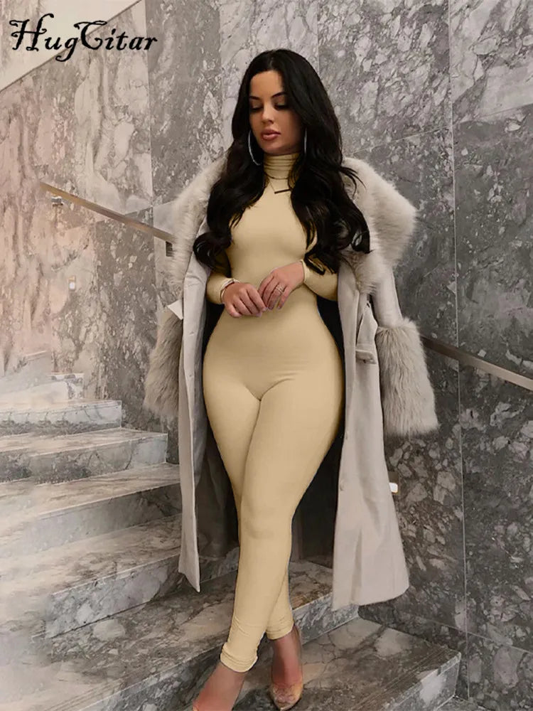 Hugcitar Long Sleeve Solid Turtleneck Skinny Bodycon Jumpsuit Autumn Winter Women Fashion Streetwear Casual Romper - Matrix Studios