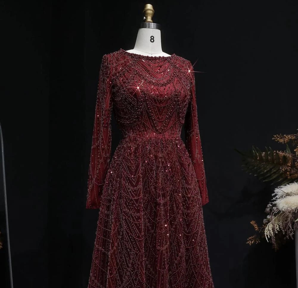 Contessa Custom formal gown elegant beaded tulle evening dress long sleeve boat neck floor length A line glam sparkly prom party - Matrix Studios