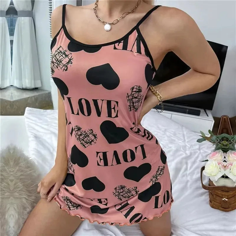 Summer New Women's Nightgown Beauty Back Thin Section Of Home Wear Sexy Halter Short Skirt Love Cartoon Cute Printing Pajamas - Matrix-studios.com