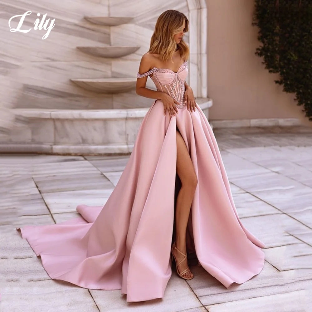 Lily Pink ALine Satin Prom Dress Off-The-Shoulder Beaded Corset Party Gown Sweetheart Formal Evening Dress حزب فساتين Customized - Matrix Studios