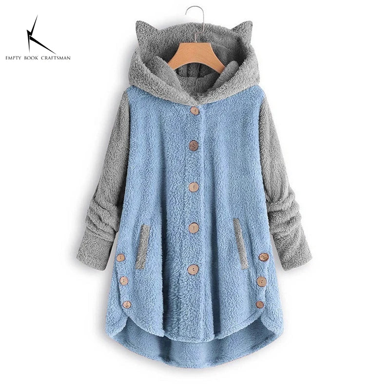 Cat Print Long Hoodies Sweatshirt Women Fleece Warm Button Pocket Pullovers Cat Ear Plus Size Hoodie Top Blouse Sweat Femme - Matrix Studios
