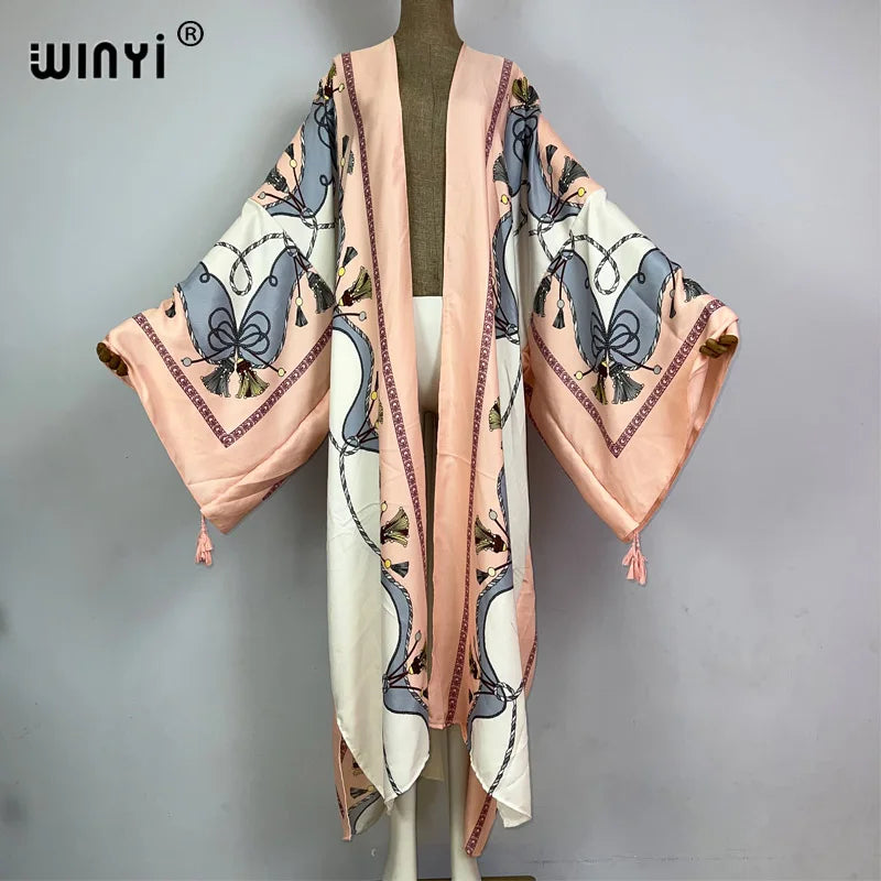 2023 WINYI New Cotton Feeling Bikini Cover-ups Bohemian Print Front Open Long Kimono Kaftan Beach Cover Ups for Swimwear Dresses - Matrix Studios