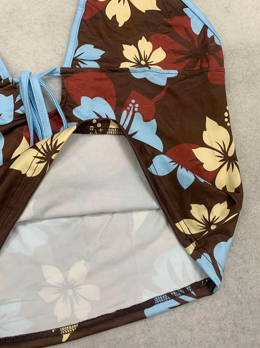 Vintage Y2K Ladies Flower Tankini Swimsuit Halter Neck Self Tie Front Top Matching Side Tie Bikini Bottom Two Piece Beach Outfit - Matrix-studios.com
