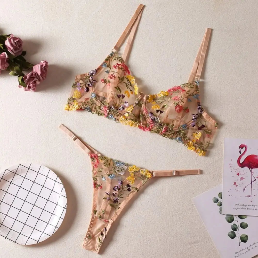 2-Piece Embroidery Lingerie Set Sexy Floral Sheer Wireless Bra Boho Bra Panty Set - Matrix-studios.com