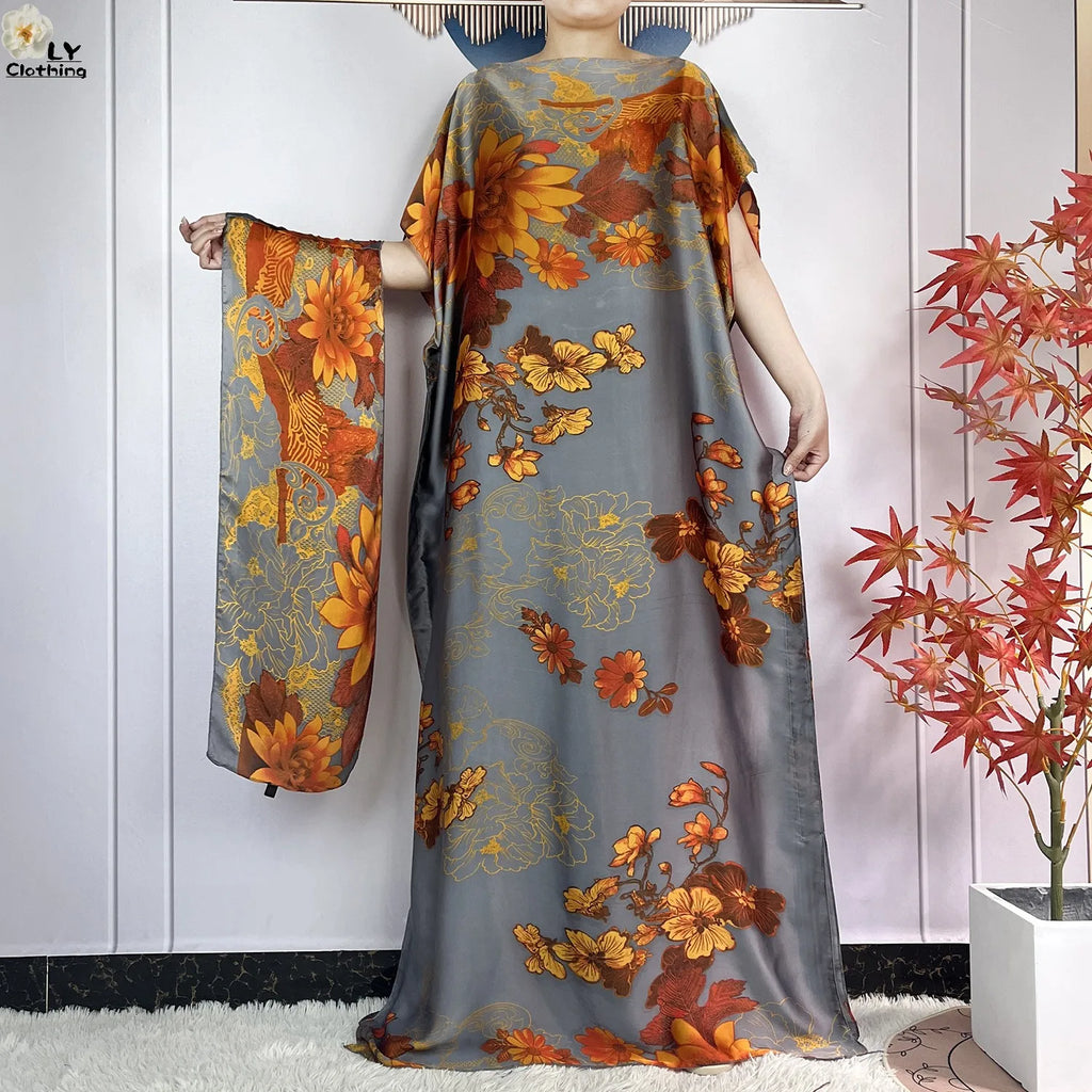 Muslim Abayas For Women 2023 New Fashion Printed Silk Soft Loose Femme Elegant Robe African Maxi Party Dresses With Belt Turban - Matrix-studios.com