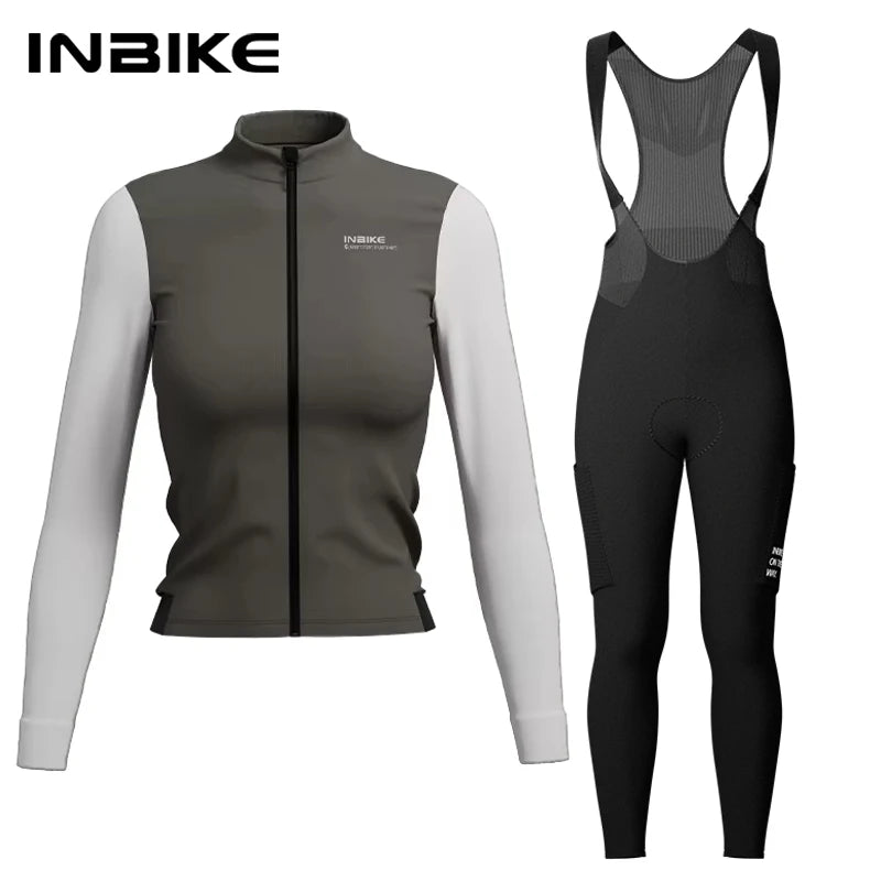 INBIKE Warm Thermal Cycling Jersey Set for Women Comfortable Fleece Road Bike Bib Pants Windproof Road MTB Clothing with Pockets - Matrix-studios.com