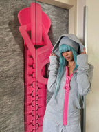 New Y2K American-style women's solid color large zipper loose cropped color-block hoodie fashionable street Harajuku style - Matrix Studios