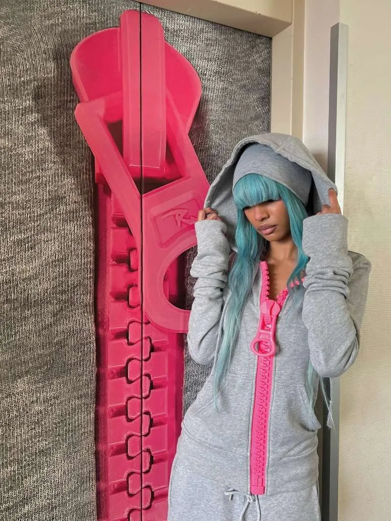 New Y2K American-style women's solid color large zipper loose cropped color-block hoodie fashionable street Harajuku style - Matrix Studios