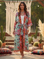 Boho Queens Women Peacock Print Bat Sleeve Beach Bohemian Kimono Robe Ladies V Neck Tassel Summer Happie Bikini Cover-ups - Matrix Studios