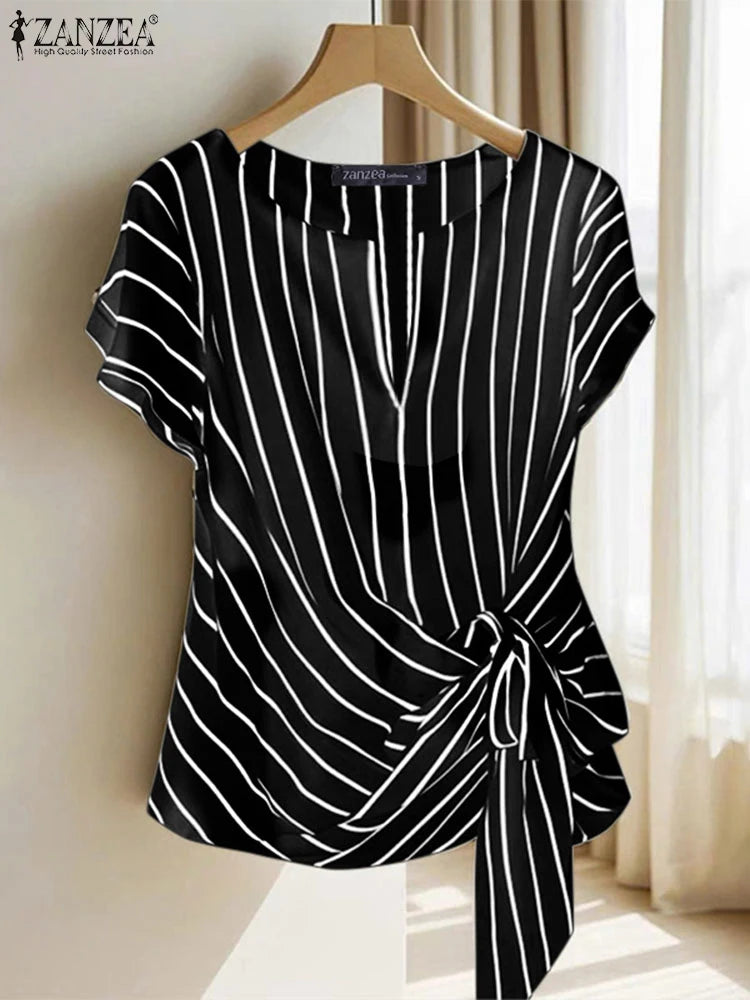 Fashion Stripe Blouse 2025 ZANZEA Summer Women V Neck Short Sleeve Tops Elegant Work OL Shirt Casual Loose Blusas Female Chemise - Matrix-studios.com
