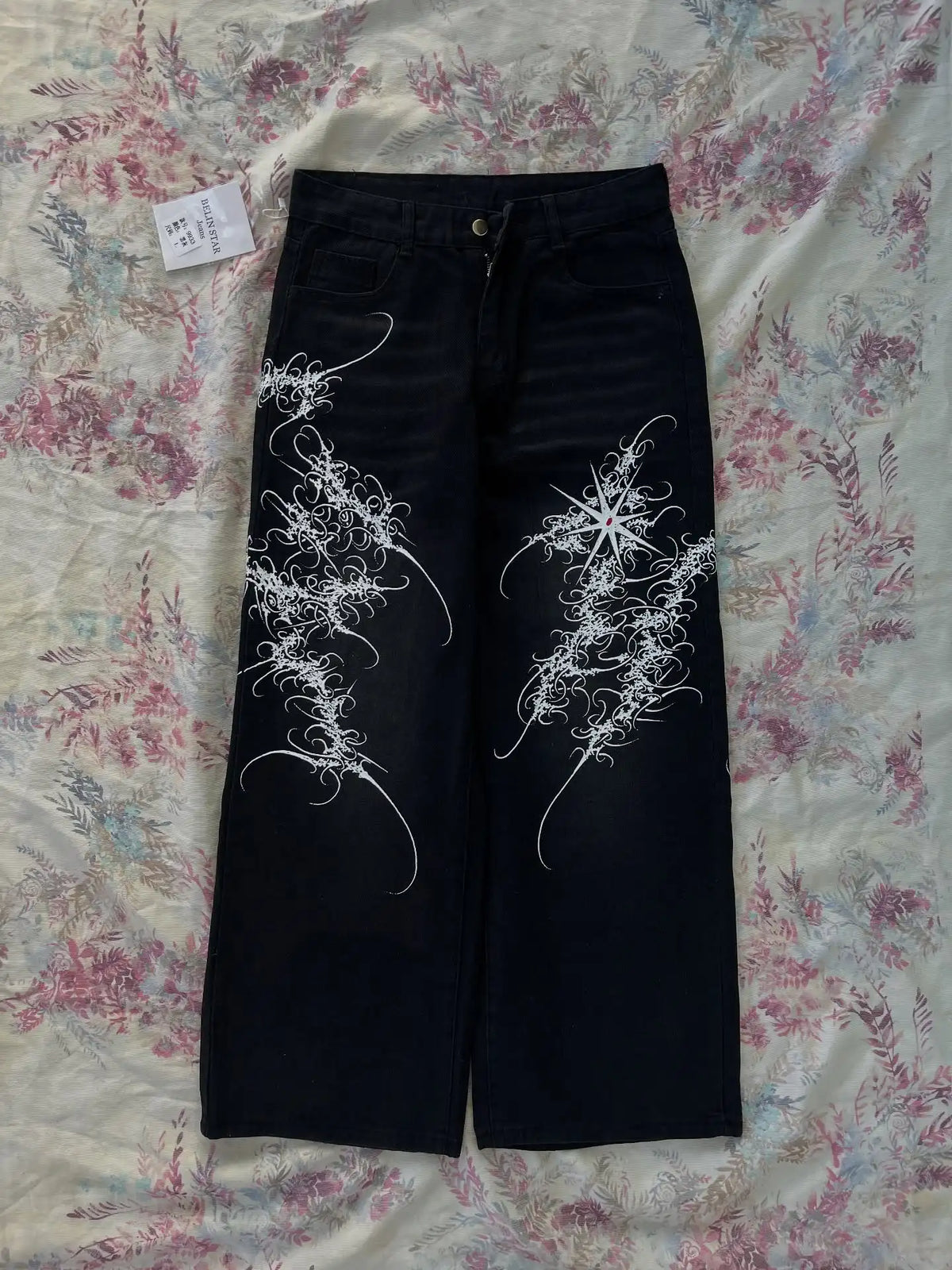 Y2K vintage black thorn Printing baggy jeans harajuku trend brand men women street hip hop fashion casual couple Wide-leg pants - Matrix Studios