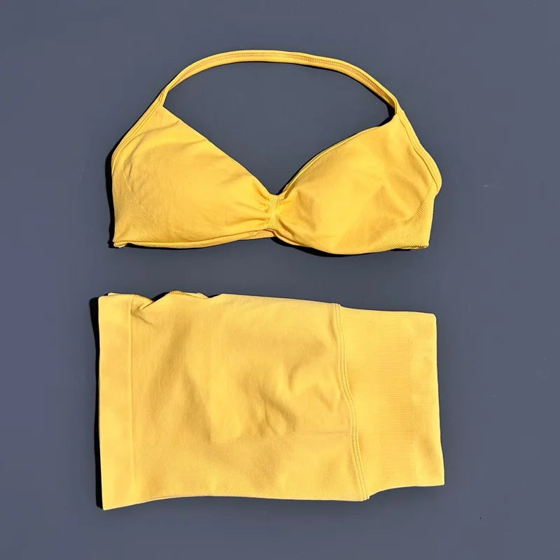 HISTELLO Gym Set 2 Piece Women Strappy Yoga Bra Top Workout Scrunch Shorts Sports Suit Fitness Clothes Seamless Yoga Set - Matrix-studios.com