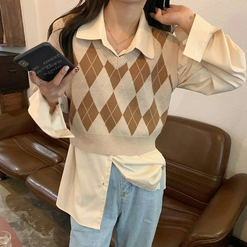 Autumn Fashion Female Vintage Plaid Sweater Vests Women's Tank Tops Knitted Crop Top Women Sleeveless Knitted Vest Waistcoat - Matrix Studios