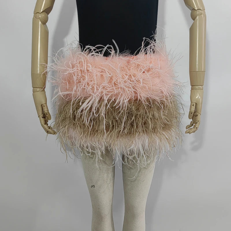 Real feather mini skirt, elastic waist sexy clothing, club, party dance party carnival short skirt can be customized in size - Matrix Studios