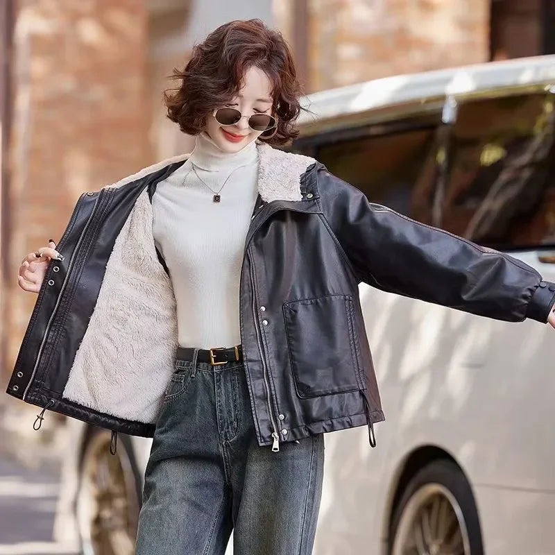 Plus Velvet Thickened Warm Leather Parka Autumn Winter New Chic Casual Loose Fur One-Piece Hooded Jacket Women's Outwear - Matrix Studios