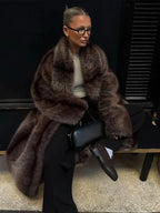 Chic Brown Faux Fur Overcoat Women Casual Luxury Lapel Long Sleeve Fluffy Coat Winter Female Thicken Warm High Street Outwear - Matrix Studios
