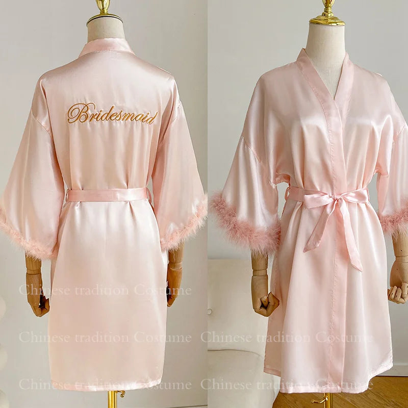 White Bride Wedding Robe with Feathers Women Satin Peignoir Sexy Bridesmids Kimono Gowns Short Bathrobe Bridal Intimate Lingerie - Matrix-studios.com