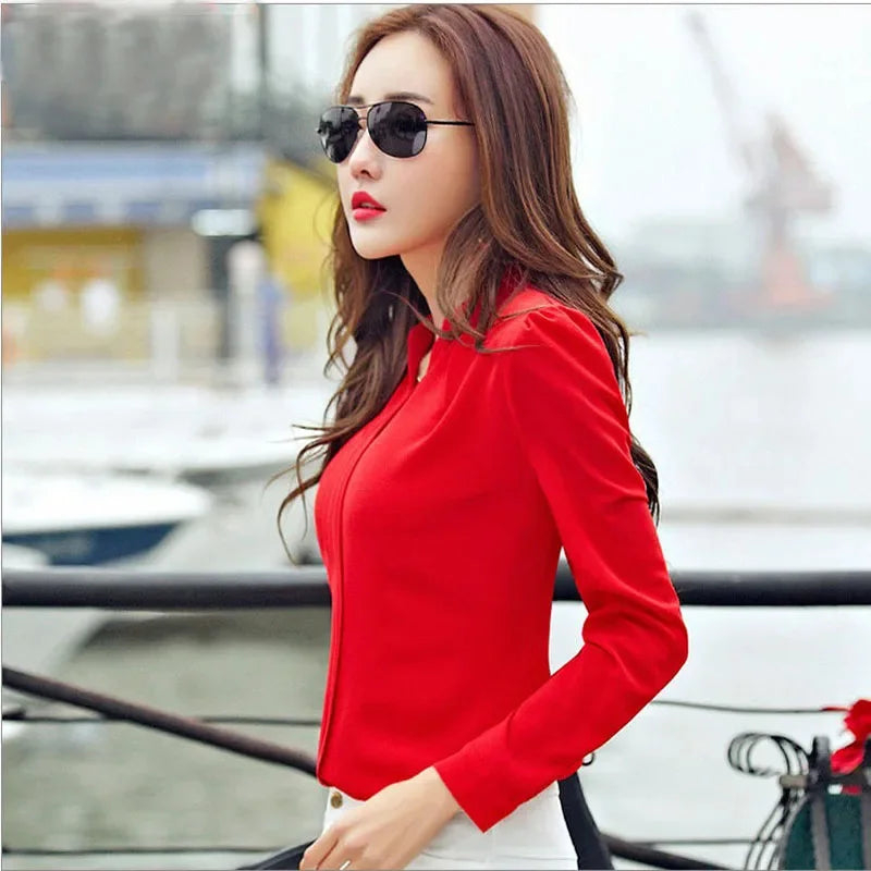 Long Sleeve Shirt Women Autumn Clothing Fashion Slim Blouse V Neck Korean Elegant Ladies Office Shirts White Red - Matrix-studios.com