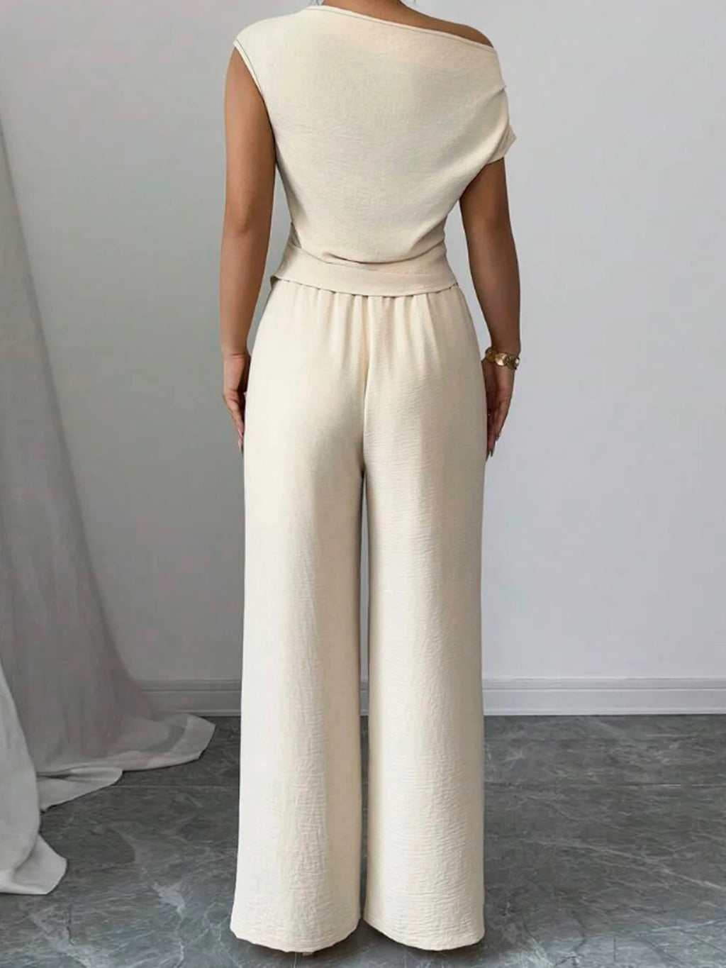 Elegant Pure Color Ladies Asymmetric Top And Wide Leg Pants 2-Piece Set for Commuting Casual Vacations Fashionable New Arrival - Matrix-studios.com