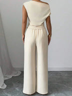 Elegant Pure Color Ladies Asymmetric Top And Wide Leg Pants 2-Piece Set for Commuting Casual Vacations Fashionable New Arrival - Matrix-studios.com