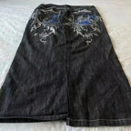 American retro washed letter spliced denim trousers high street trendy brand couple loose straight micro-flared long trousers - Matrix Studios