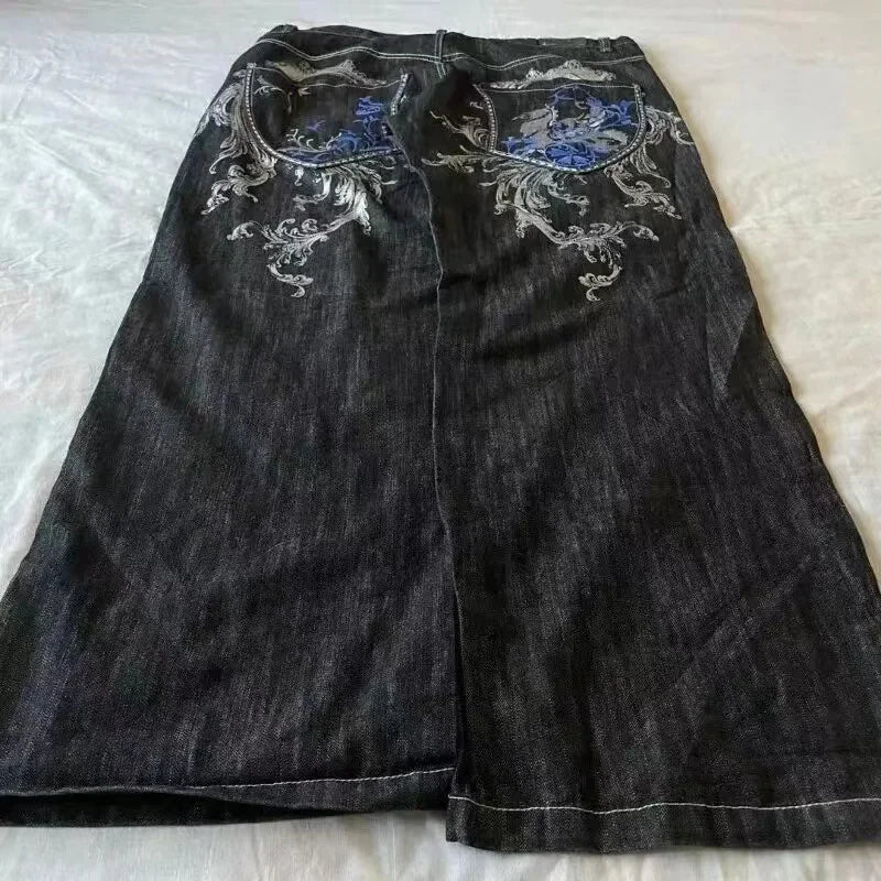 American retro washed letter spliced denim trousers high street trendy brand couple loose straight micro-flared long trousers - Matrix Studios