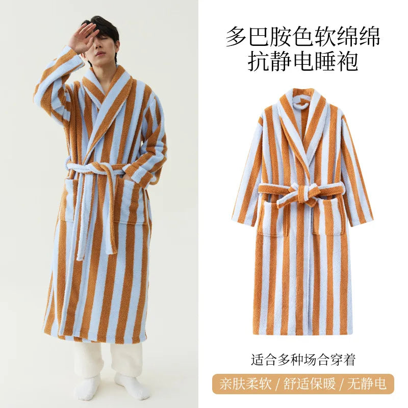 2025 New Autumn/Winter Women's Sleepwear Thick Velvet Warm Robe Couple Coral Velvet Striped Lengthed Home Clothes Bathrobe - Matrix-studios.com