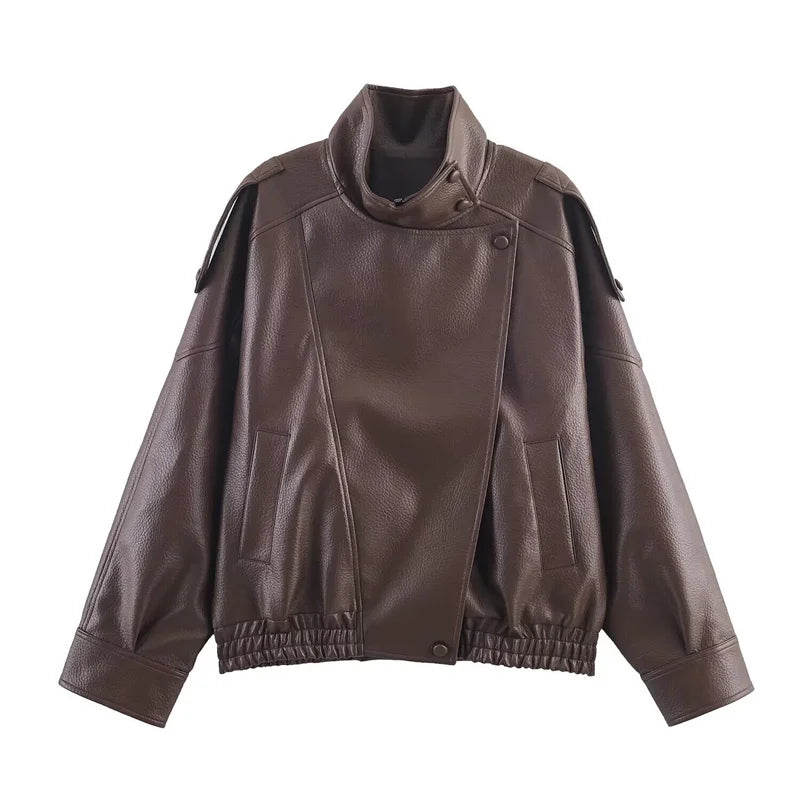 Women's Jacket 2026 Autunm  New Black Long Sleeve Pebble Faux Leather Jacket Motorcycle Style Personality Fashion - Matrix Studios