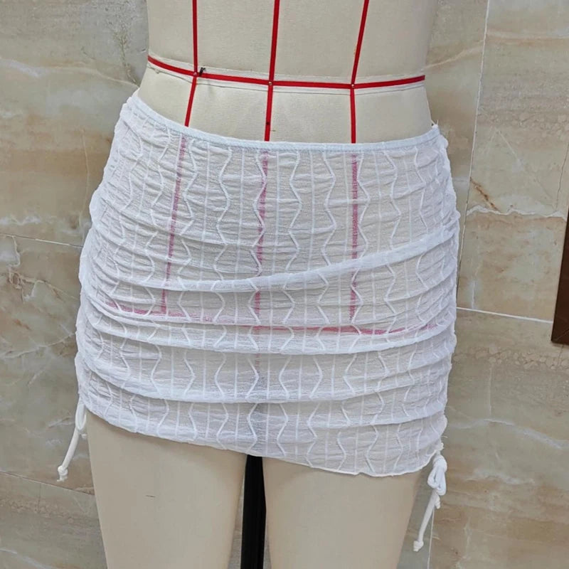 Women Mesh Sheer Bikini Cover-ups Swimsuits Skirts Fashionable Solid Color Wavy Textured Side Drawstring Swimsuits Mini Skirt - Matrix Studios