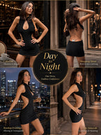 Women Bodycon Mini Dress High Neck Keyhole Cutout Sides Lace‑Up Back with Butterfly Charm Ruched Sleeveless Party Clubwear Nightout Dresses - Matrix-studios.com