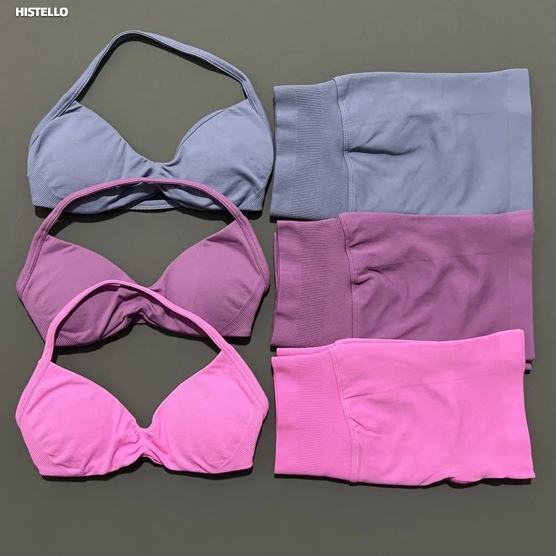 HISTELLO Gym Set 2 Piece Women Strappy Yoga Bra Top Workout Scrunch Shorts Sports Suit Fitness Clothes Seamless Yoga Set - Matrix-studios.com